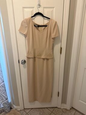 Donna Morgan Beige Asymmetrical Peplum Midi Dress